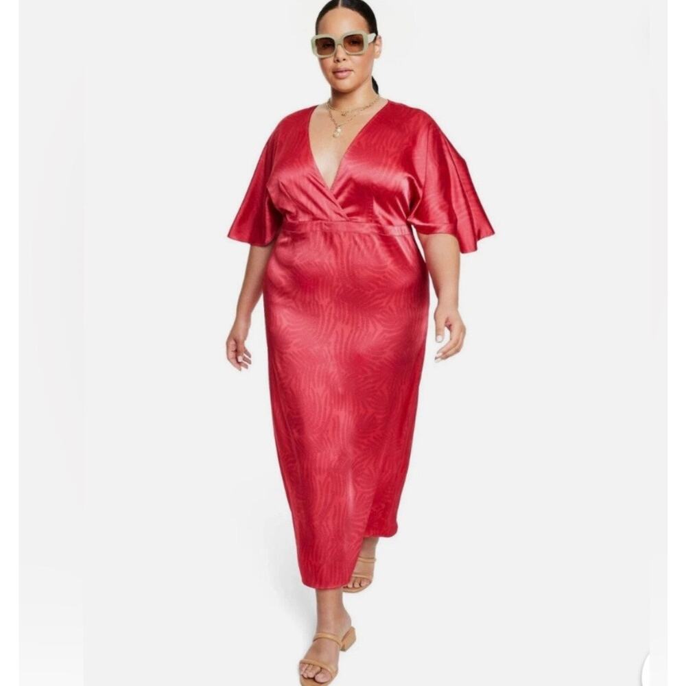 Fe Noel x Target Red Palm Satin Maxi Dress 14 V-Neck Flutter Sleeve Vacation